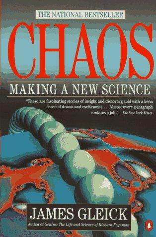 Cover of the Penguin paperback edition of Chaos by James Gleick, orange and black design with a fractal-like swirl.