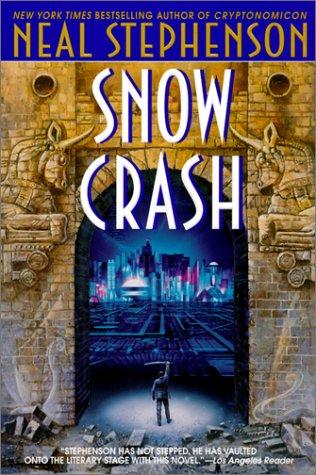 Cover of the Bantam Spectra paperback edition of Snow Crash by Neal Stephenson, cyberpunk cityscape design.