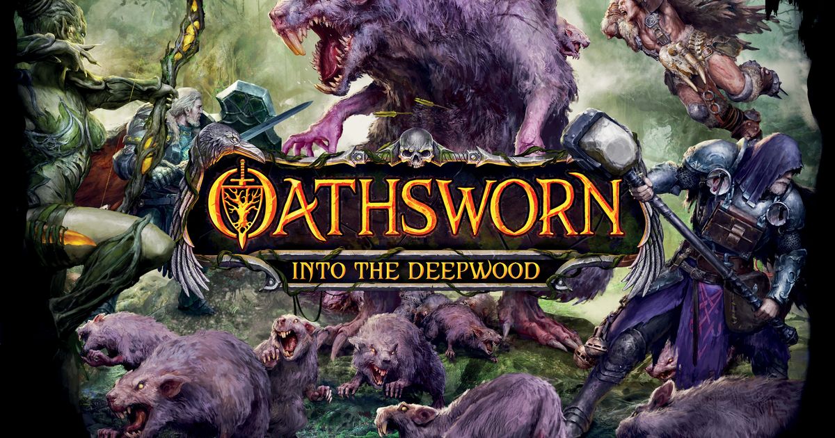 Box art for Oathsworn: Into the Deepwood, a dark fantasy cooperative campaign board game with detailed miniatures.